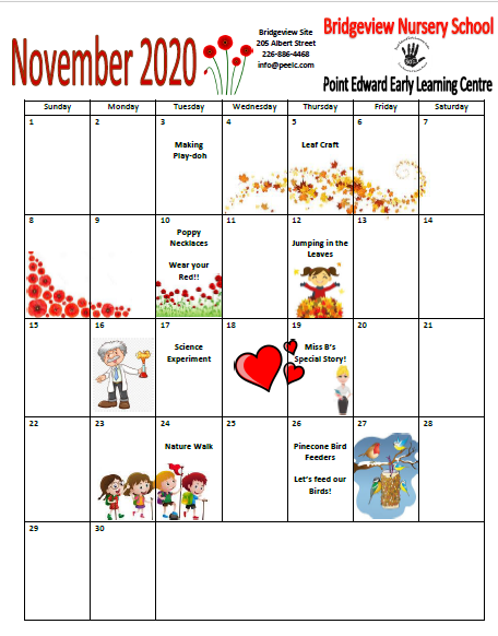 Sample Nursery School Calendar